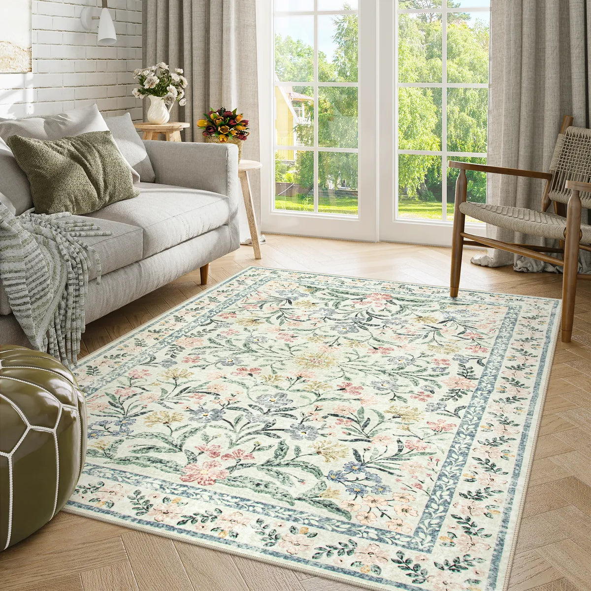 Sylvie Washable Boho Modern Parisian Garden Floral Beige Rug Area Rugs Lahome 5' x 7'