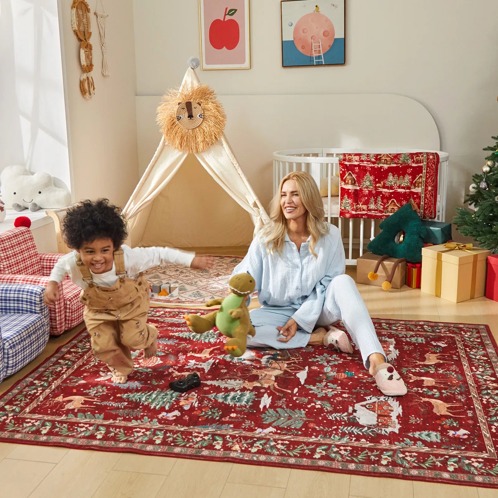 Olivier Christmas Washable Tree and Santa Red Rug Area Rugs Lahome