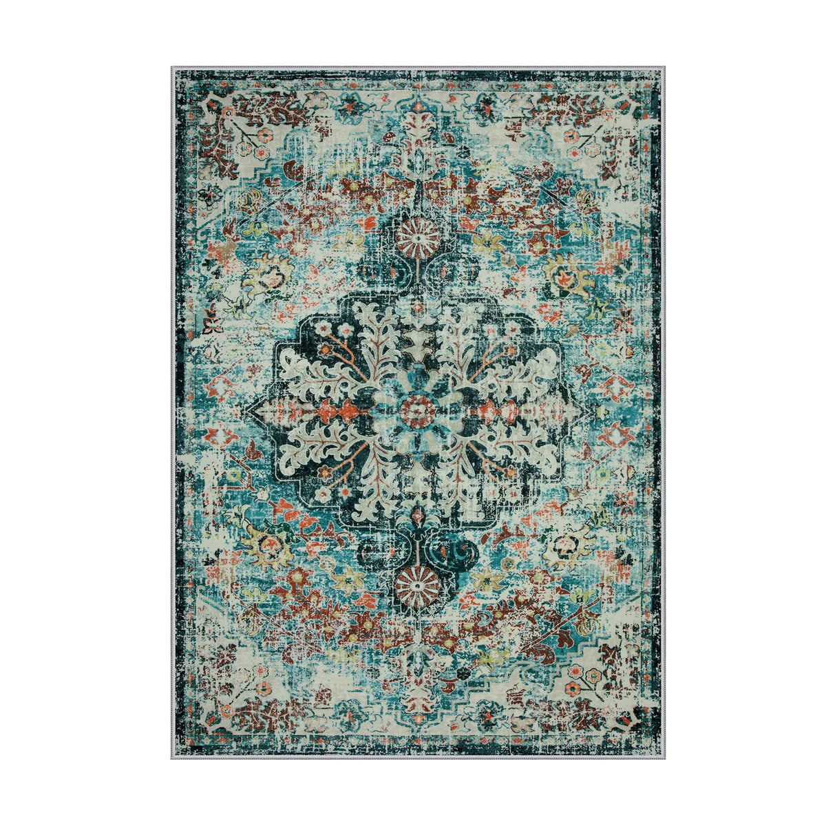 Reine Washable Bohemian Floral Medallion Dark Teal Rug