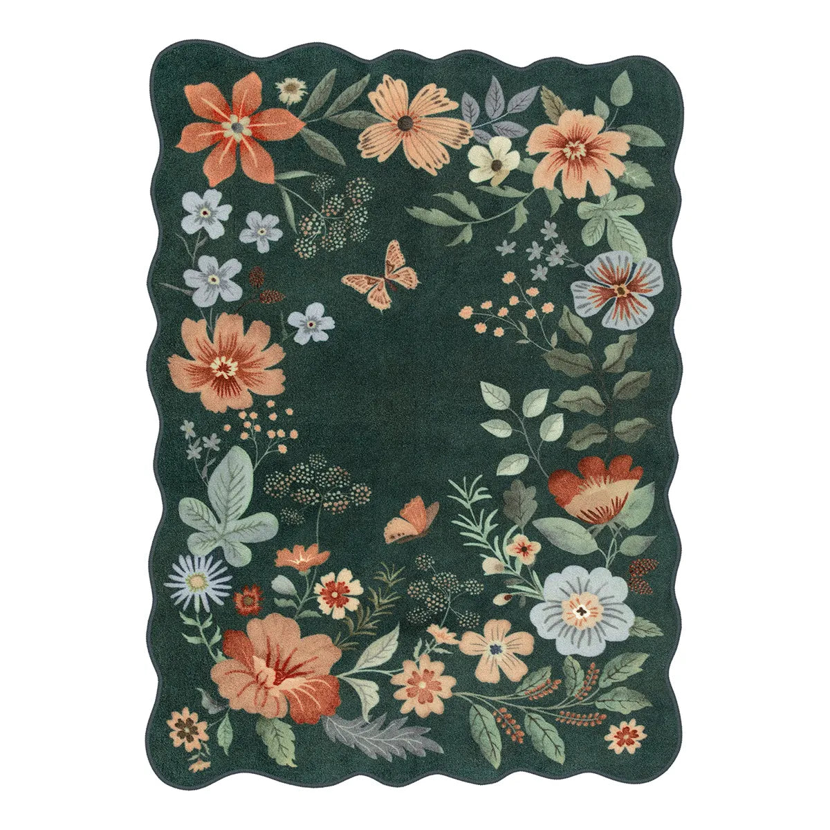 Flore Washable Boho Parisian Floral Scalloped Dark Green Rug