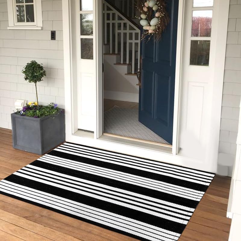 Lahomerugs Black & White Outdoor Rug 3x5 Cotton Hand-Woven Striped Porch Rugs Machine Washable Entryway Rug Indoor Outdoor Area Rug Front Door Rug Floor Mat for Farmhouse/Living Room/Home Entrance Door mats Lahomerugs Lahome