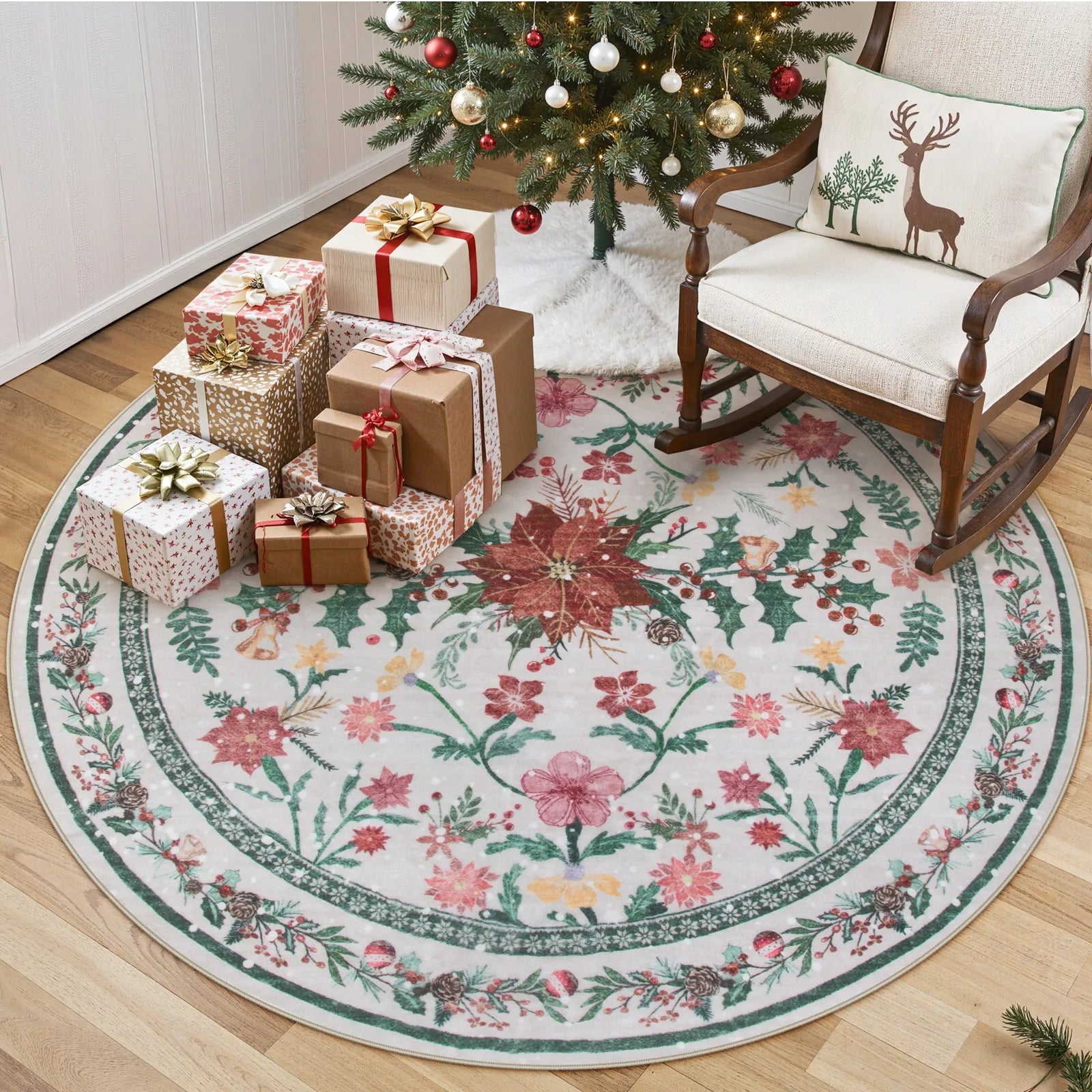 Sylvie Christmas Washable Boho Modern Parisian Garden Floral Ivory Rug Area Rugs Lahome