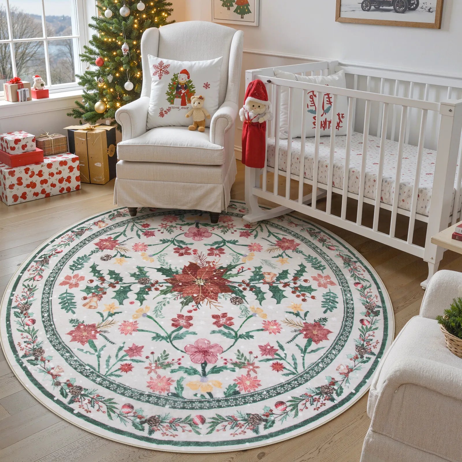Sylvie Christmas Washable Boho Modern Parisian Garden Floral Ivory Rug Area Rugs Lahome 5' Round
