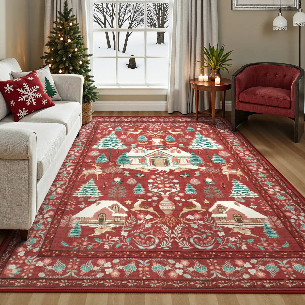 Kylian Christmas Washable Winter Snow House Red Rug Area Rugs Lahome
