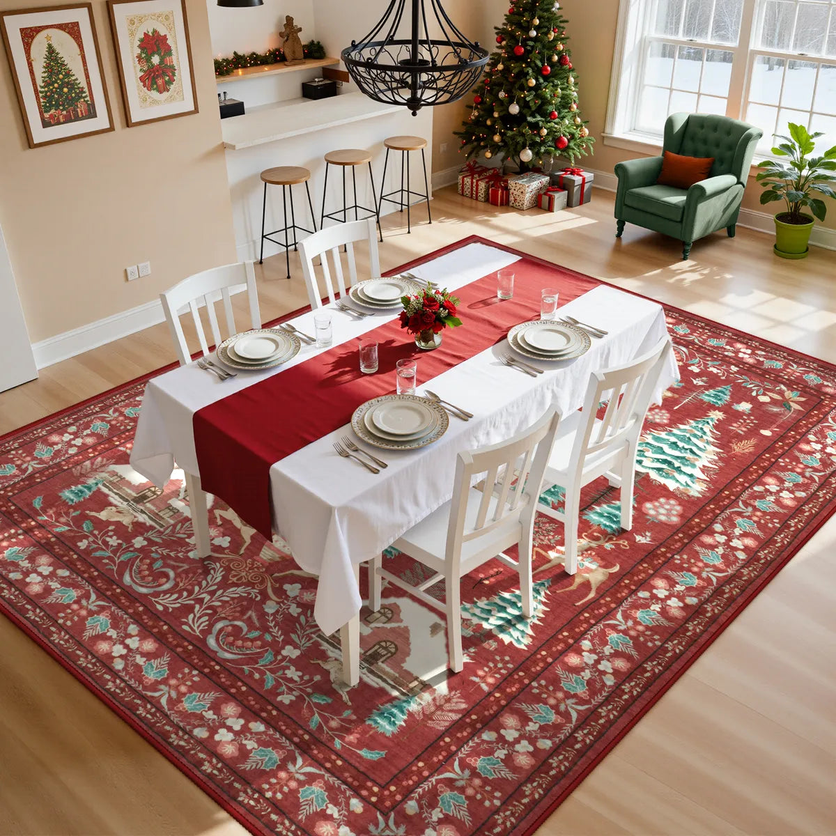 Kylian Christmas Washable Winter Snow House Red Rug Area Rugs Lahome 6' x 9'