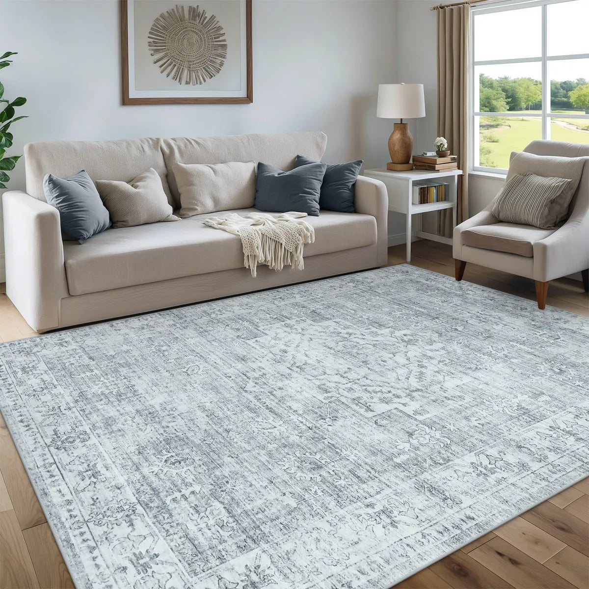 Alene Washable Vintage Medallion Floral Grey Rug Area Rugs Lahome 8' x 10'