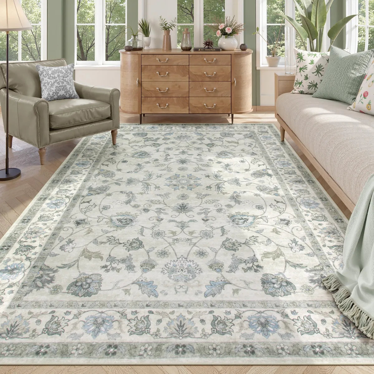 Aurelia Washable Vintage Floral Beige Grey Rug Rugs Lahome 6' x 9'