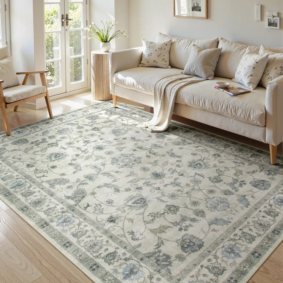 Aurelia Washable Vintage Floral Beige Grey Rug Rugs Lahome