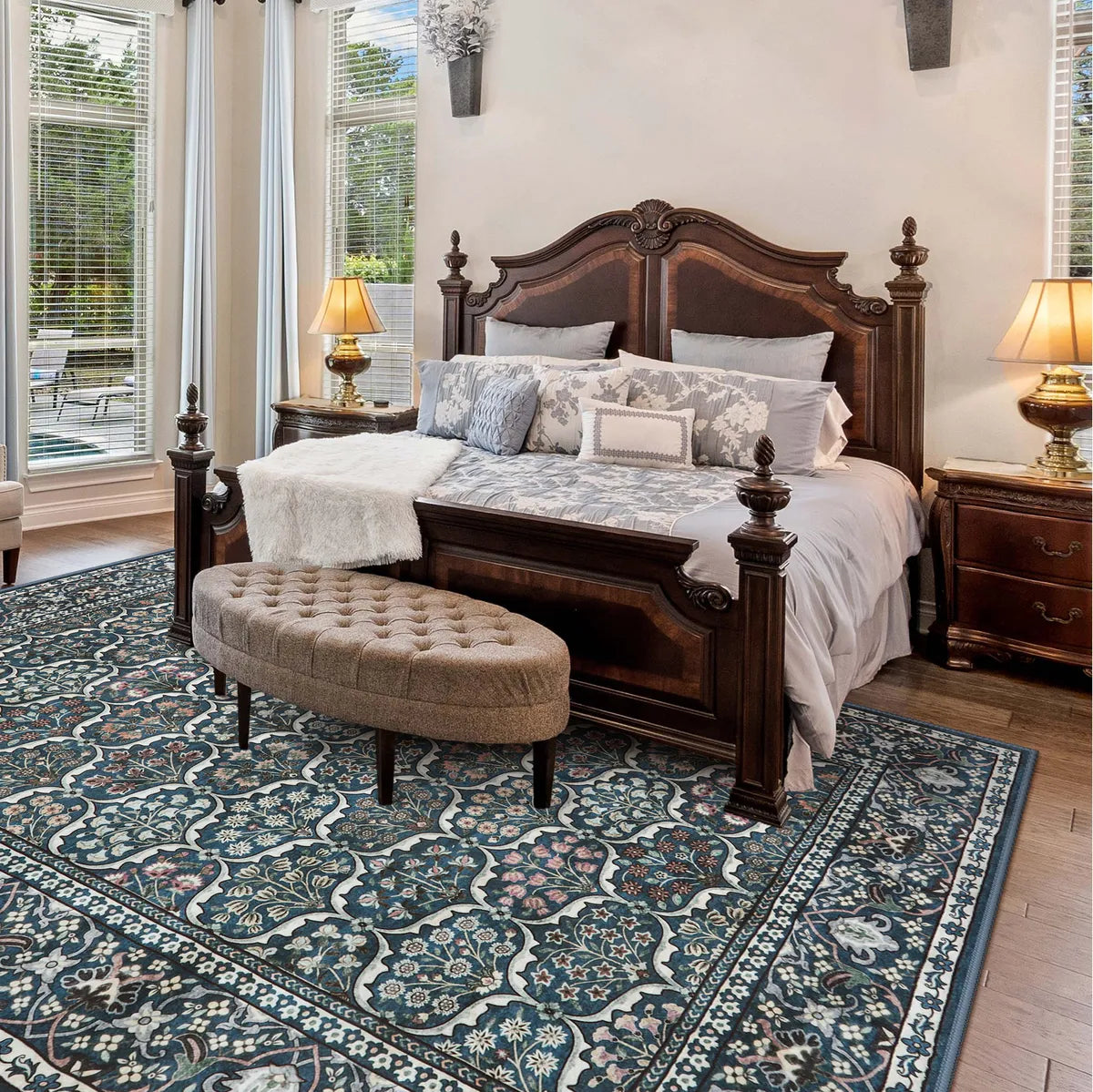 Elodie Washable Boho Vintage Trellis Floral Blue Rug Clearance Rugs Lahome 6' x 9'