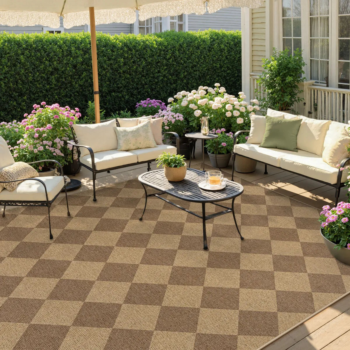 Coline Washable Geometric Checkered Easy Jute Khaki Indoor/Outdoor Rug Easy Jute Area Rug Lahome
