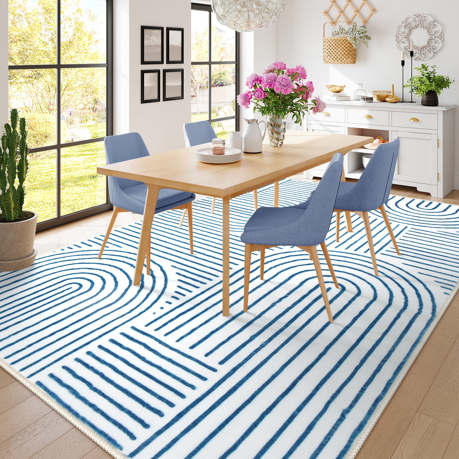 Washable Blue/White Rainbow Stripe Rug | Darrell Abstract Style