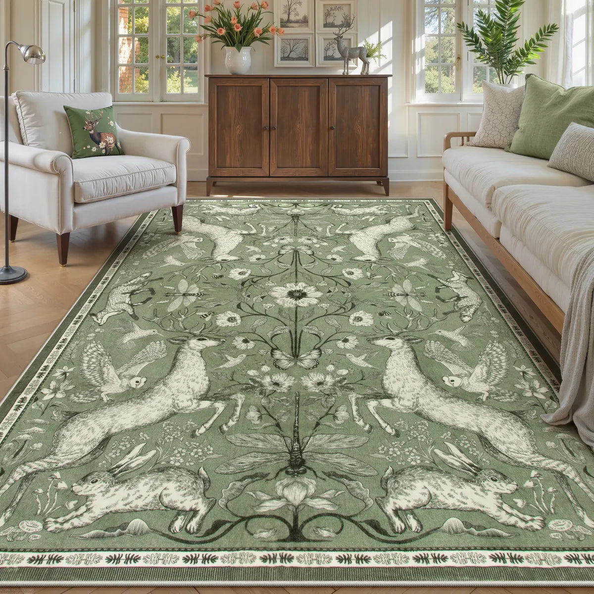 Dorval Washable Vintage Woodland Olive Green Rug Area Rugs Lahome 6' x 9'