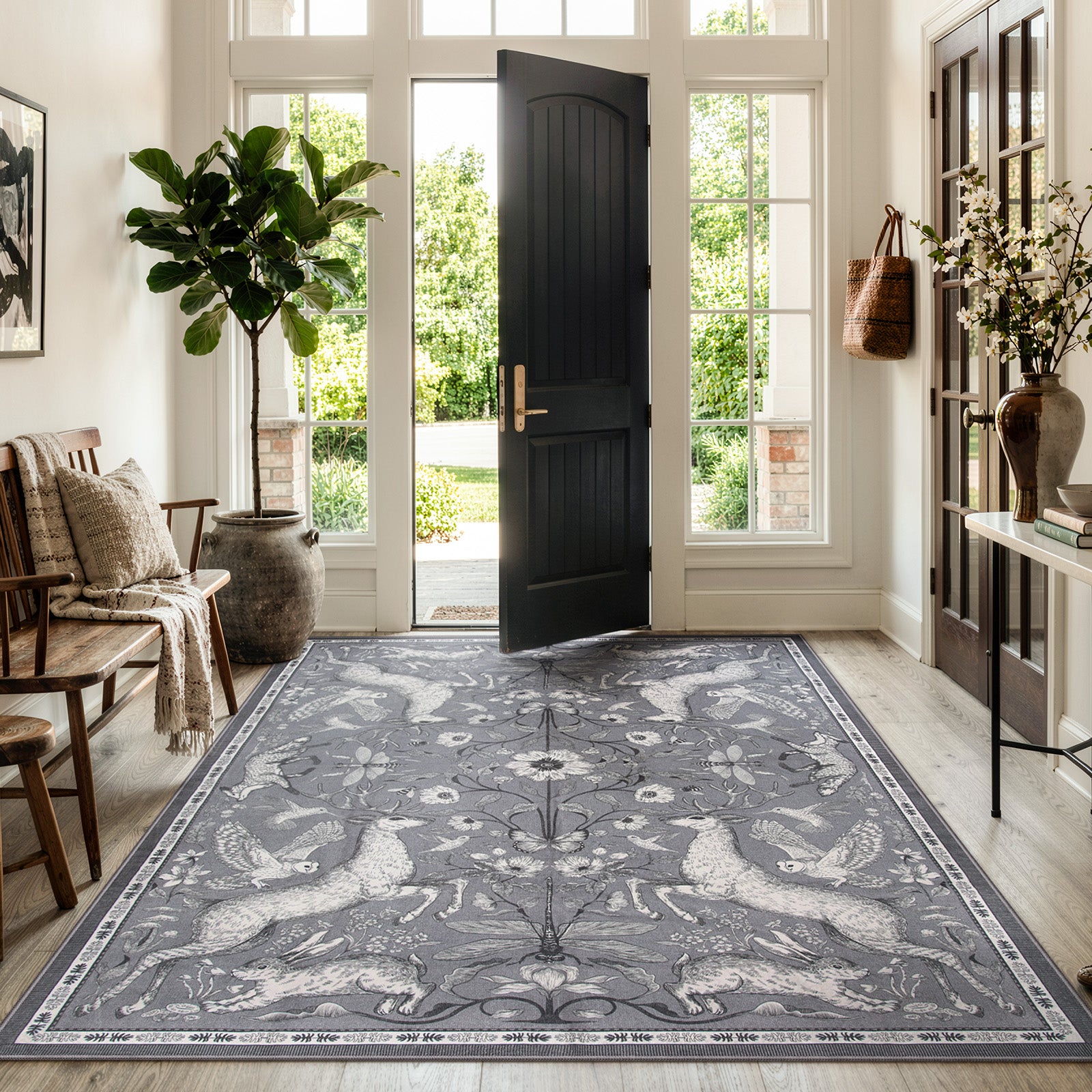 Washable Charcoal Gray Woodland Rug | Dorval Vintage Style - Lahome