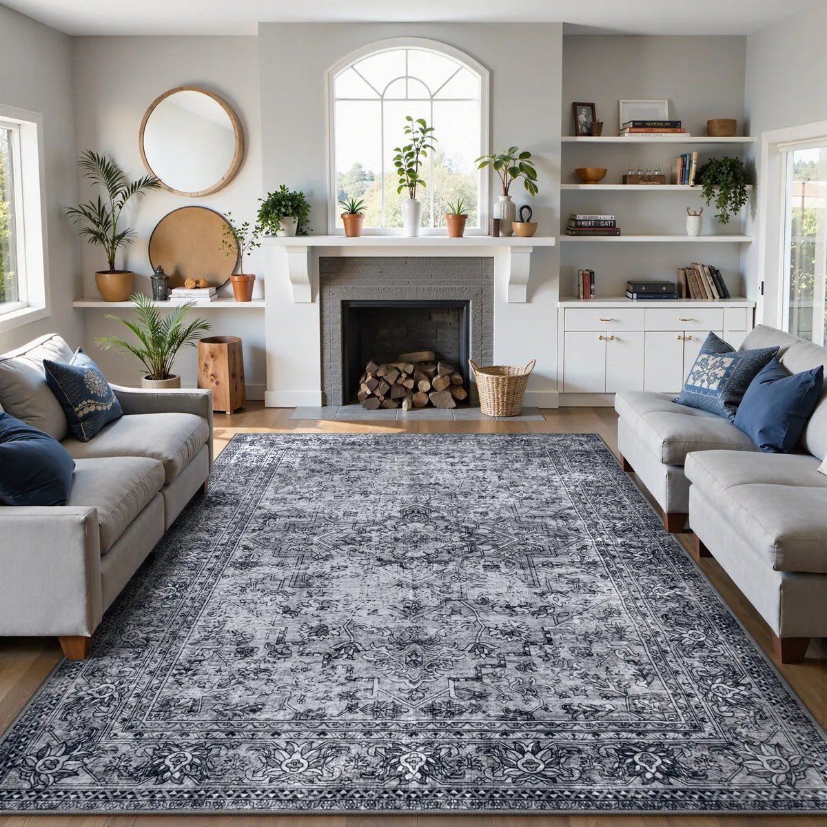 Elysee Washable Vintage Traditional Medallion Black Rug Area Rugs Lahome 6' x 9'