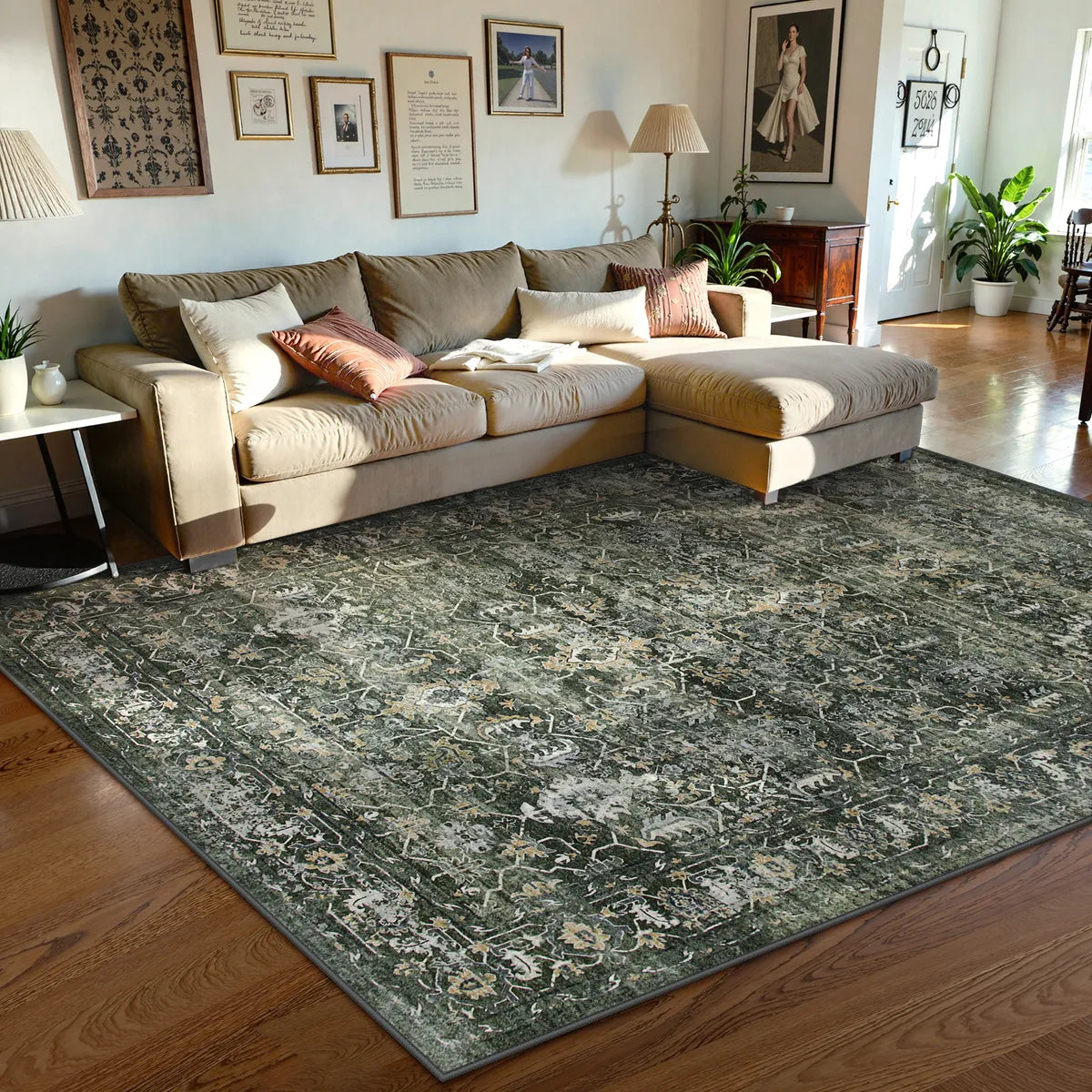 Margot Washable Vintage Distressed Dark Green Rug Area Rugs Lahome 6' x 9'
