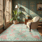 Nina Washable Romantic Vintage Floral Rose Garden Green Rug Area Rugs Lahome