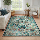 Reine Washable Bohemian Floral Medallion Dark Teal Blue Rug Clearance Rugs Lahome 6' x 9'