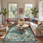 Reine Washable Bohemian Floral Medallion Dark Teal Blue Rug Clearance Rugs Lahome