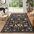 Rosalie Washable Boho Birdsong Floral Garden Black Rug Clearance Rugs Lahome 6' x 9'