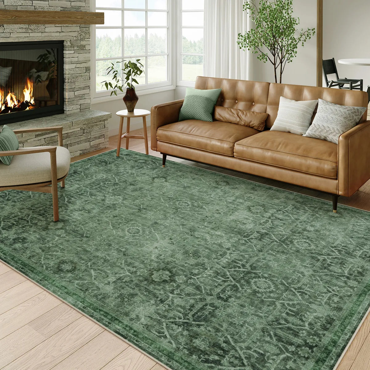 Velora Washable Vintage Dark Green Rug Area Rugs Lahome