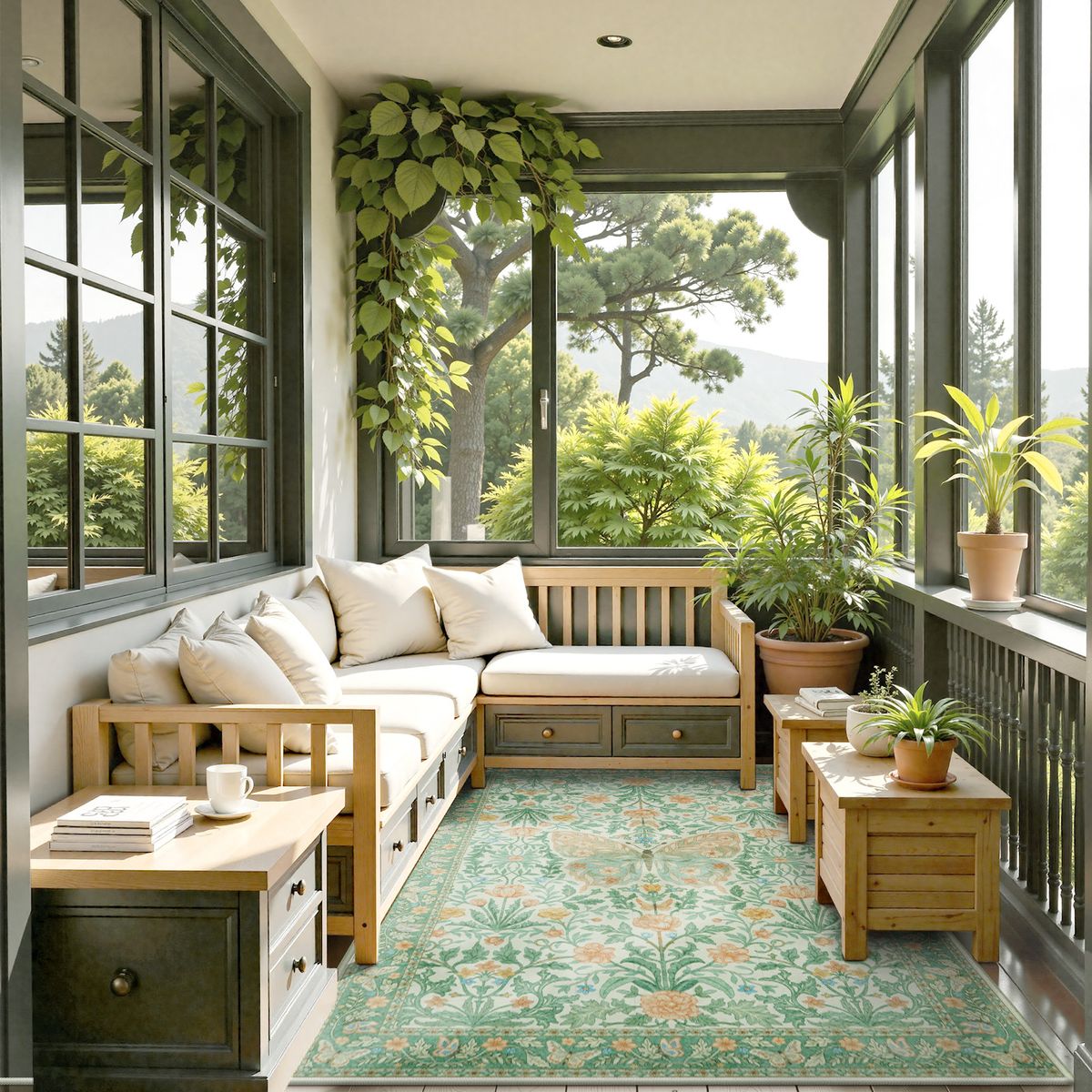 Verena Washable Vintage Floral Butterfly Light-Green Rug Area Rugs Lahome 6' x 9'