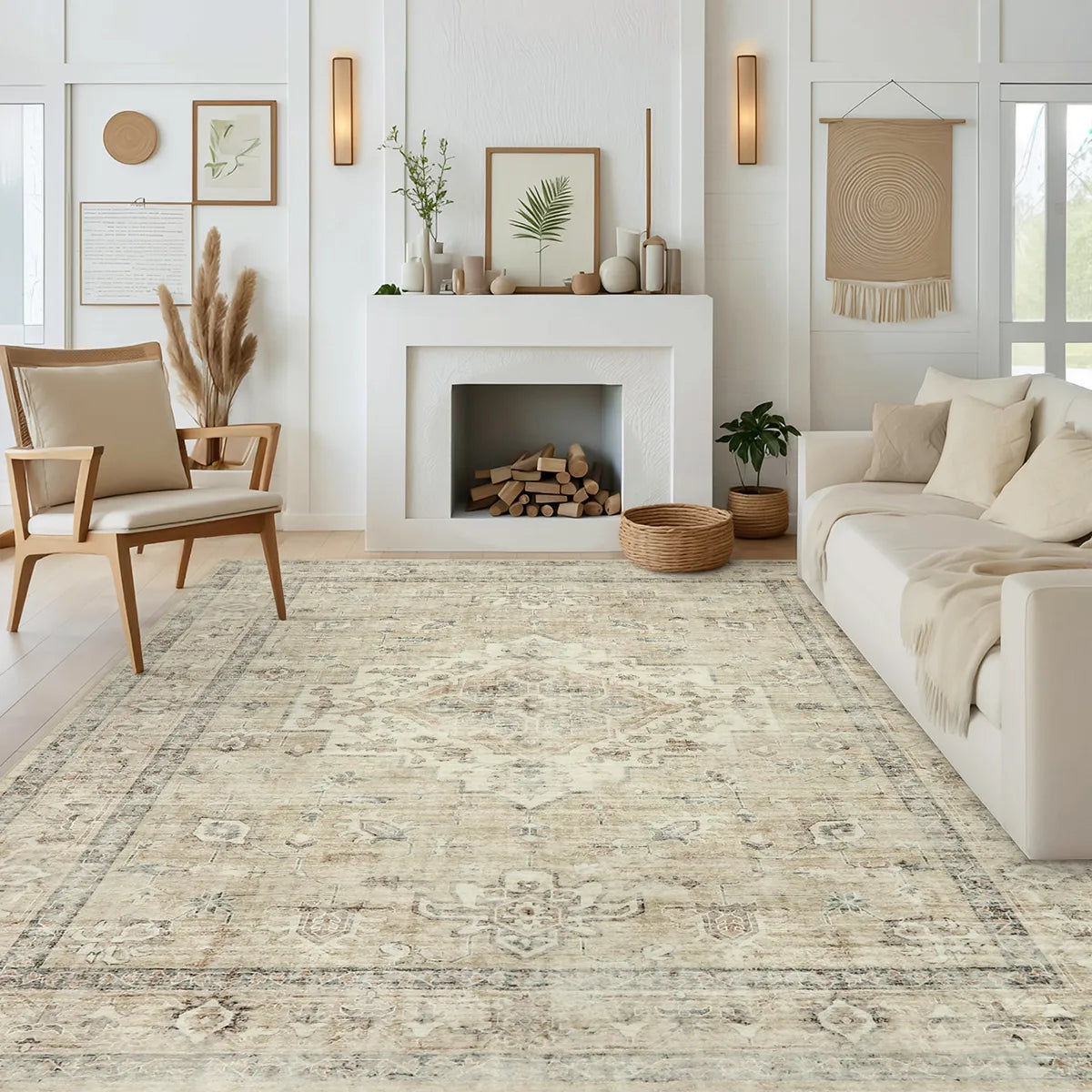 Alene Washable Vintage Medallion Floral Beige Rug Area Rugs Lahome 6' x 9'