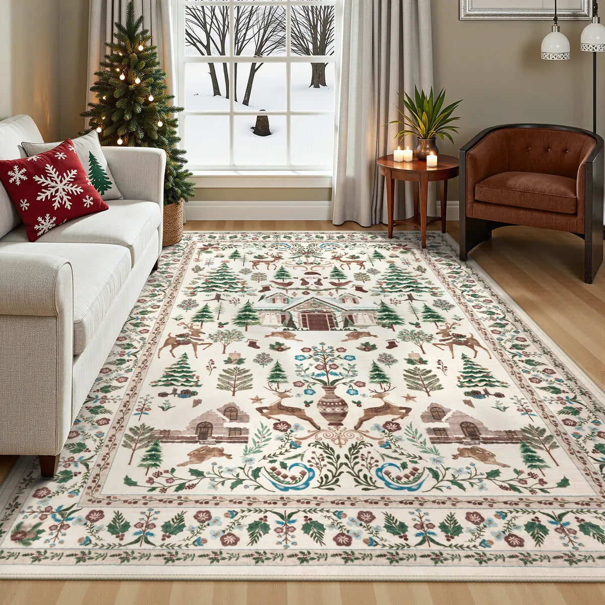 Kylian Christmas Washable Winter Snow House Beige Rug Area Rugs Lahome