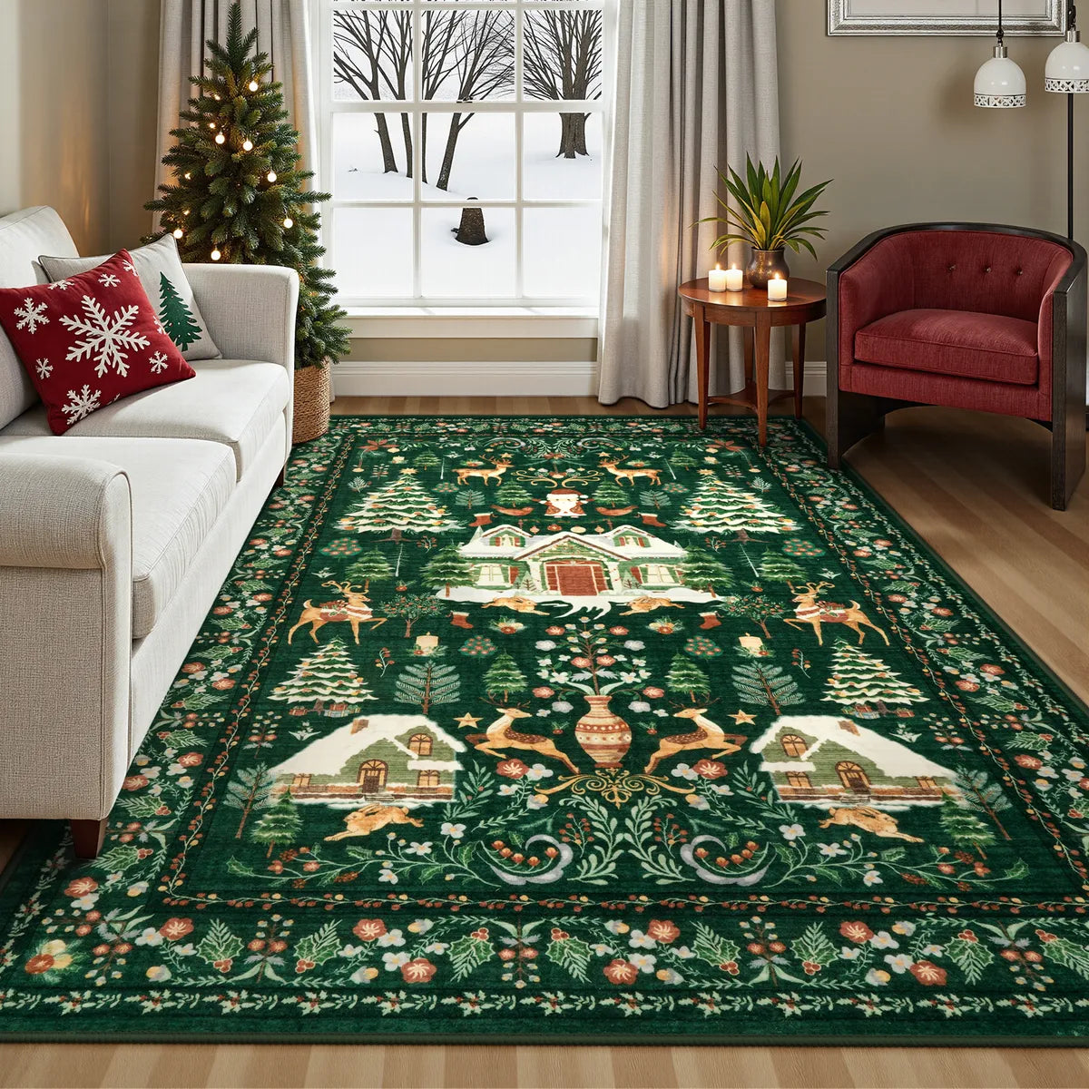 Kylian Christmas Washable Winter Snow House Green Rug Area Rugs Lahome