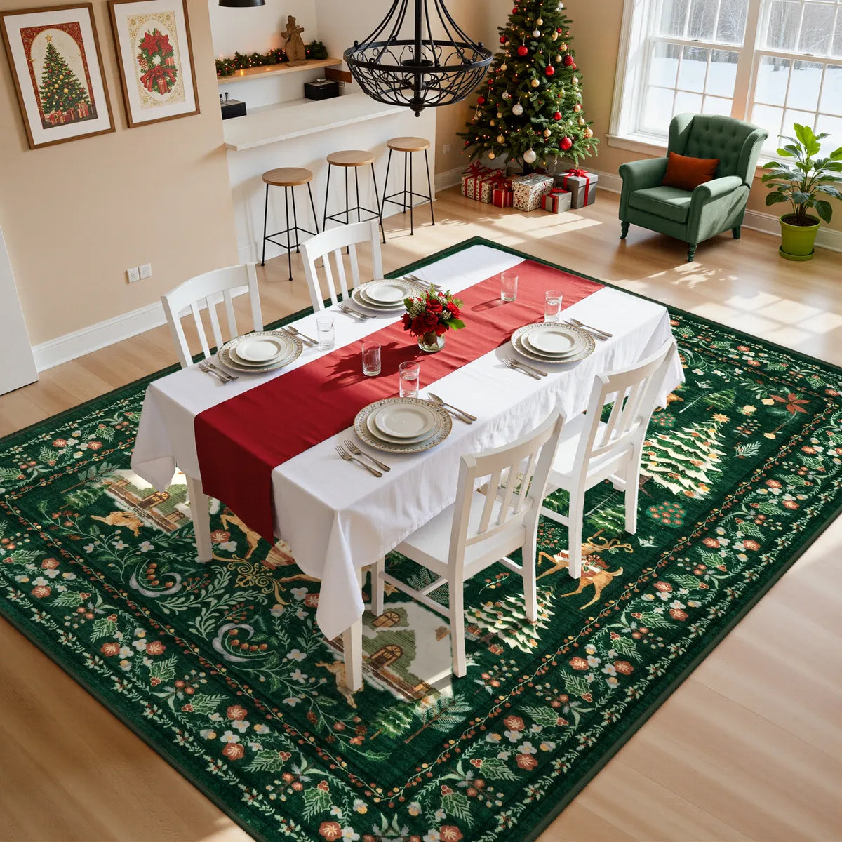 Kylian Christmas Washable Winter Snow House Green Rug Area Rugs Lahome 6' x 9'