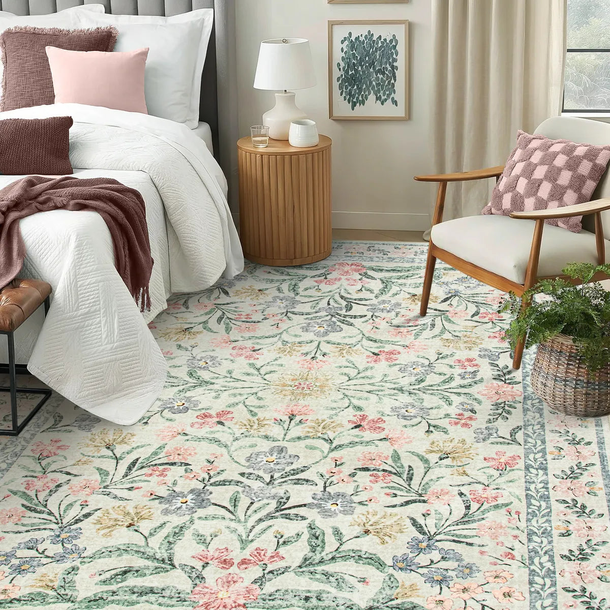 Boho Rug Abstract Sylvie Boho Modern Parisian Garden Beige Floral Area Rug - Lahome