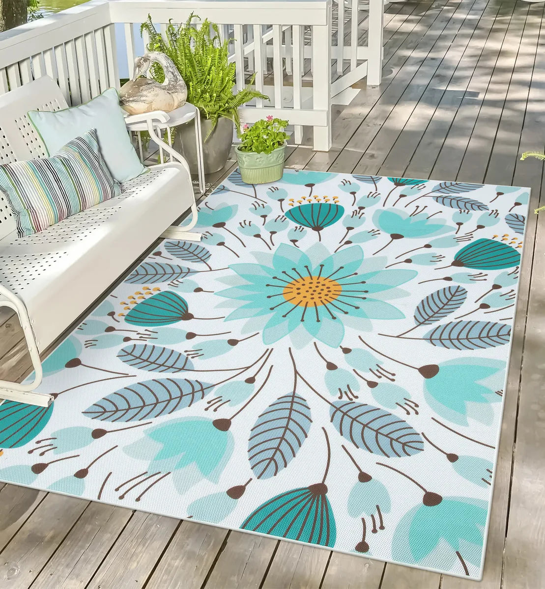 Soleil Washable Floral Blue Indoor Outdoor Rug Outdoor Rugs Lahome