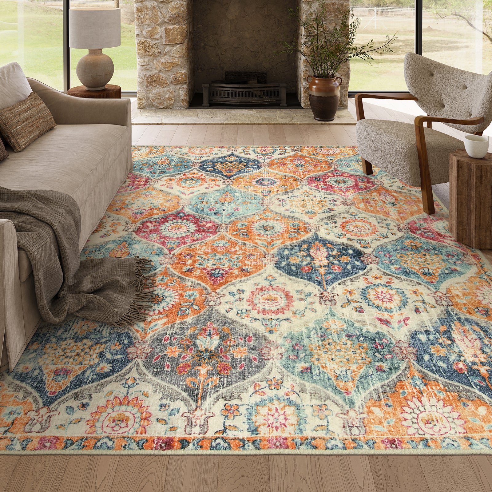 6x9_lahome Ultra-thin Transitional Vintage Floral Moroccan Trellis Red & Orange washable Rug