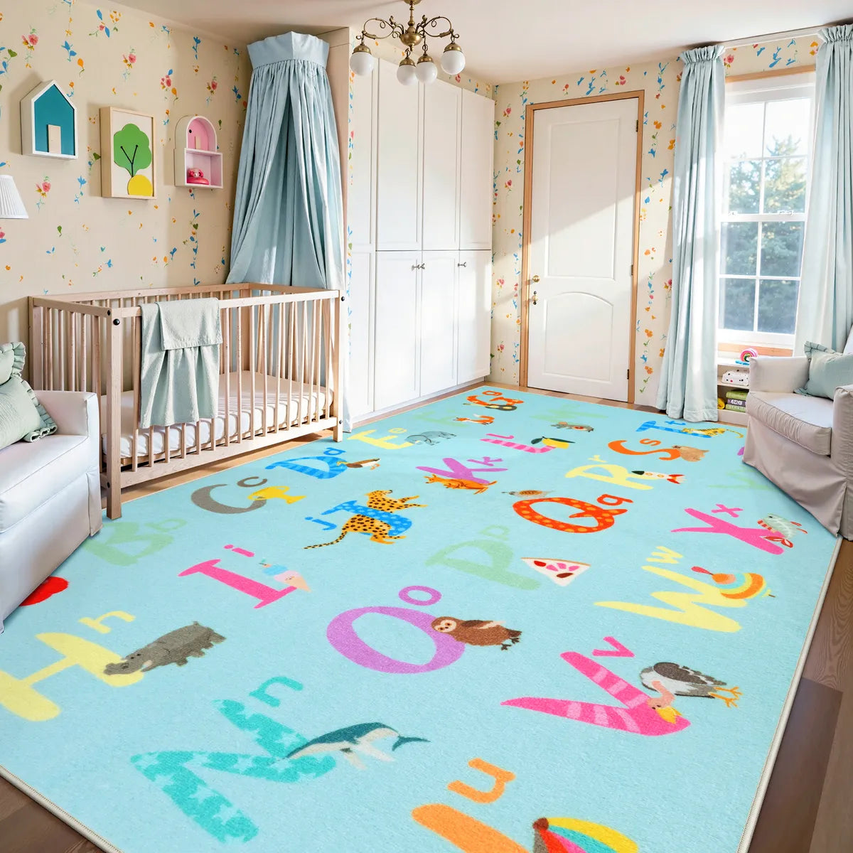 Ecolin Schoolgirl Style Alphabet Blue Classroom Rug Kids Rugs Lahome 7.6' x 13'