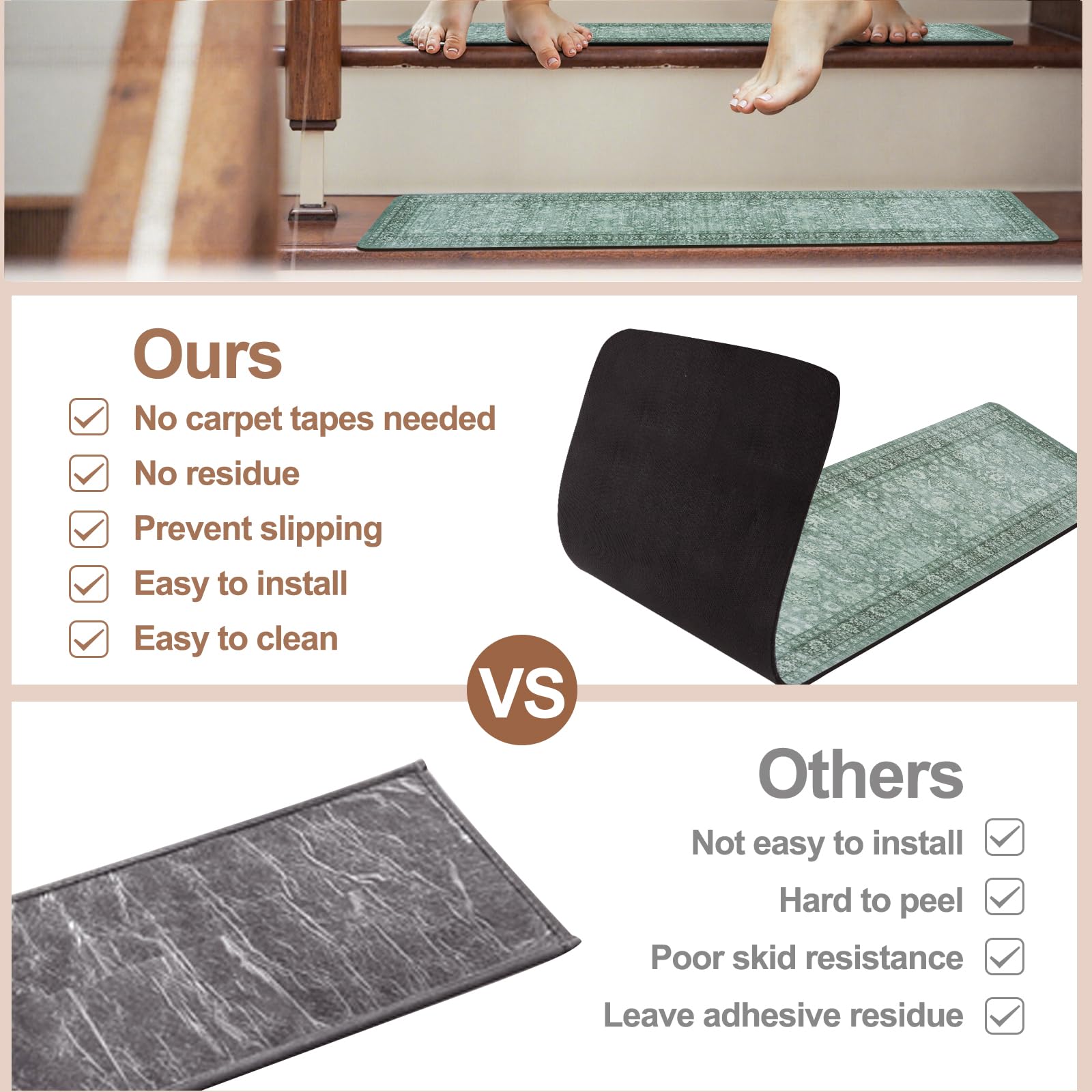 LahomeGlobal Vintage Stair Treads for Wooden Steps Indoor 15PCS 30"x8" Non-Slip Stair Runner Carpet Stair Treads Mats Staircase Step Treads for Kids, Elders and Dogs, Rubber Step Covers, Anti-slip floor mats for use on staircases LahomeGlobal Lahome