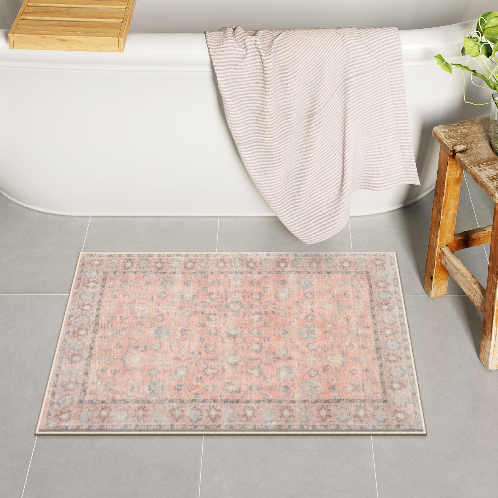 Lahomedecor Boho Bathroom Runner Rug Mat 18x47, Non-Slip Soft Shaggy and Comfortable Large Size Microfiber Vintage Farmhouse Bath Rug, Super Absorbent and Thick, Machine Washable, Long Bath Mat, Grey Lahomedecor Lahome 1'6" x 2'2" (Rectangular) Pink