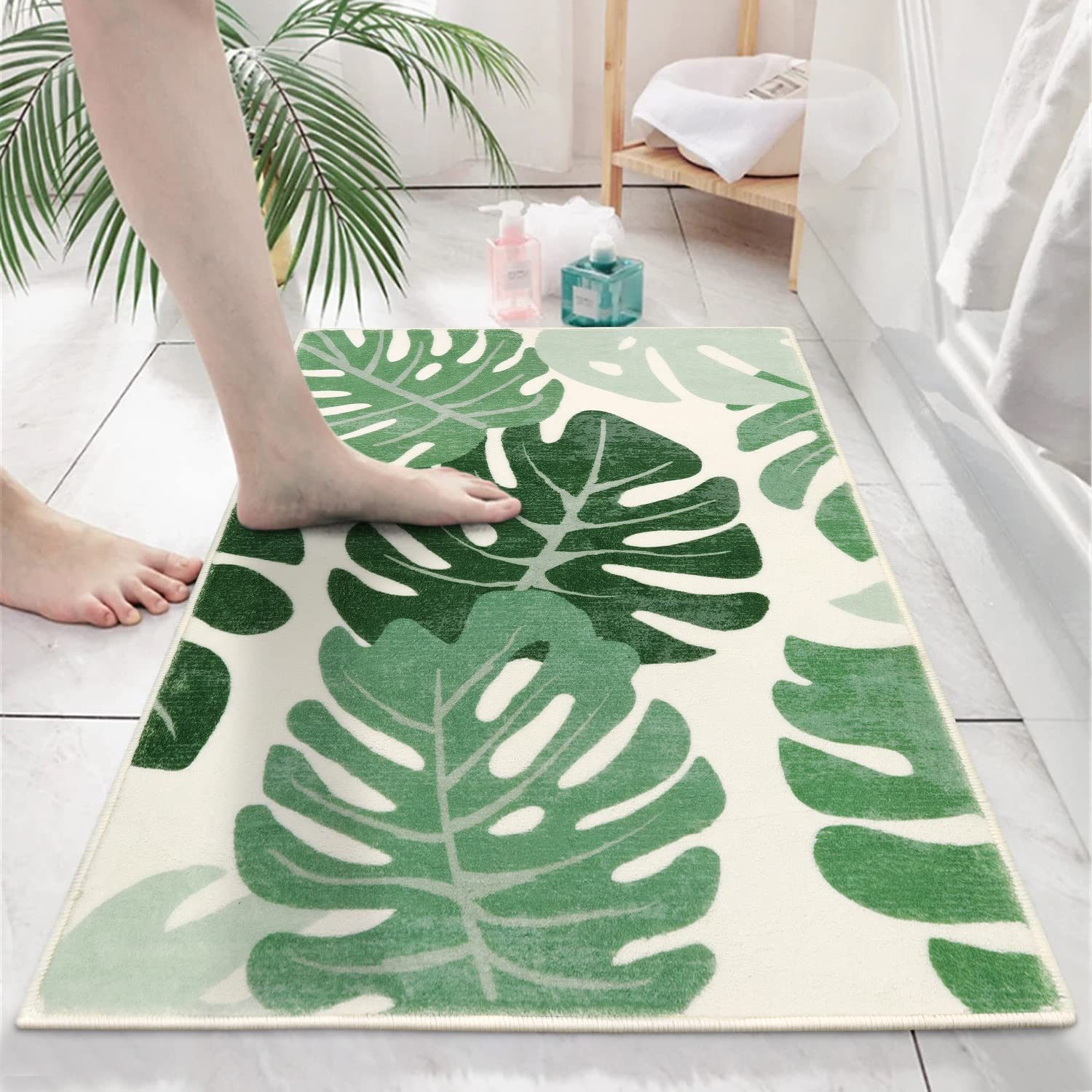 LahomeGlobal Bath Mat 18x47 inch Gray Marble Runner Velvet Non-Slip Bathroom Rug Modern Long Bath Rug Soft Luxury Microfiber Machine Washable Floor Carpet for Bathroom Tub Shower LahomeGlobal Lahome 2'1" x 1'6" (Rectangular) Green