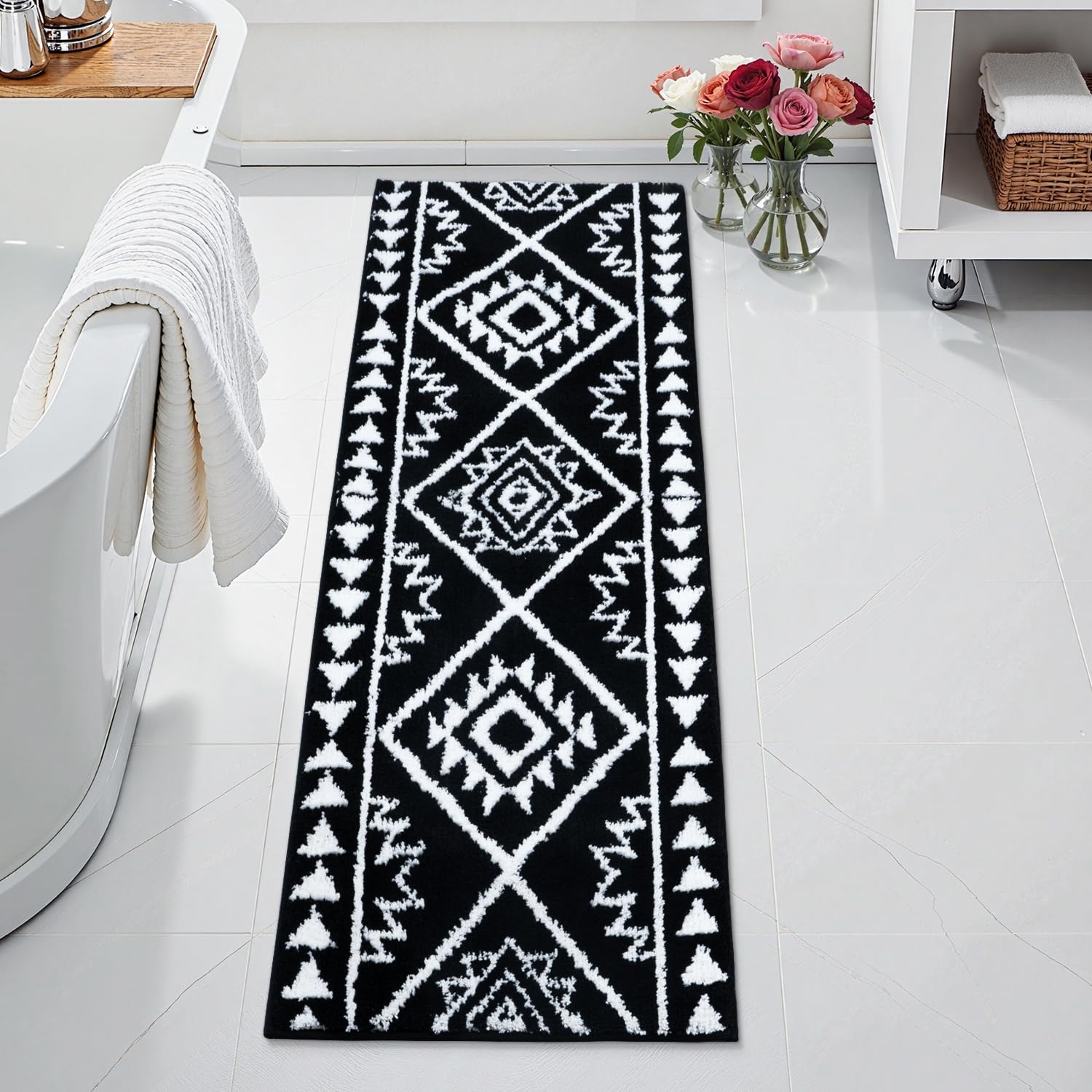Lahomerugs Boho Bathroom Rugs Black Tribal Bath Mat Western Non-Slip Absorbent Bath Rug Bath mats Plush Soft Farmhouse Geometric Bathroom Floor Mat for Shower Toilet Tub, 18x26 inch Lahomerugs Lahome 20x60 inch Black