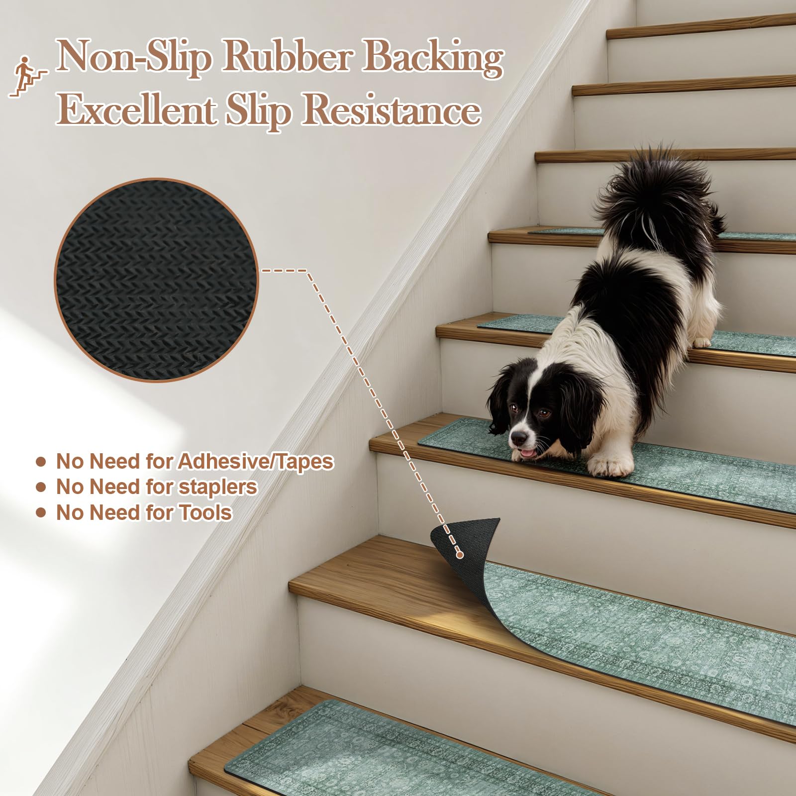 LahomeGlobal Vintage Stair Treads for Wooden Steps Indoor 15PCS 30"x8" Non-Slip Stair Runner Carpet Stair Treads Mats Staircase Step Treads for Kids, Elders and Dogs, Rubber Step Covers, Anti-slip floor mats for use on staircases LahomeGlobal Lahome