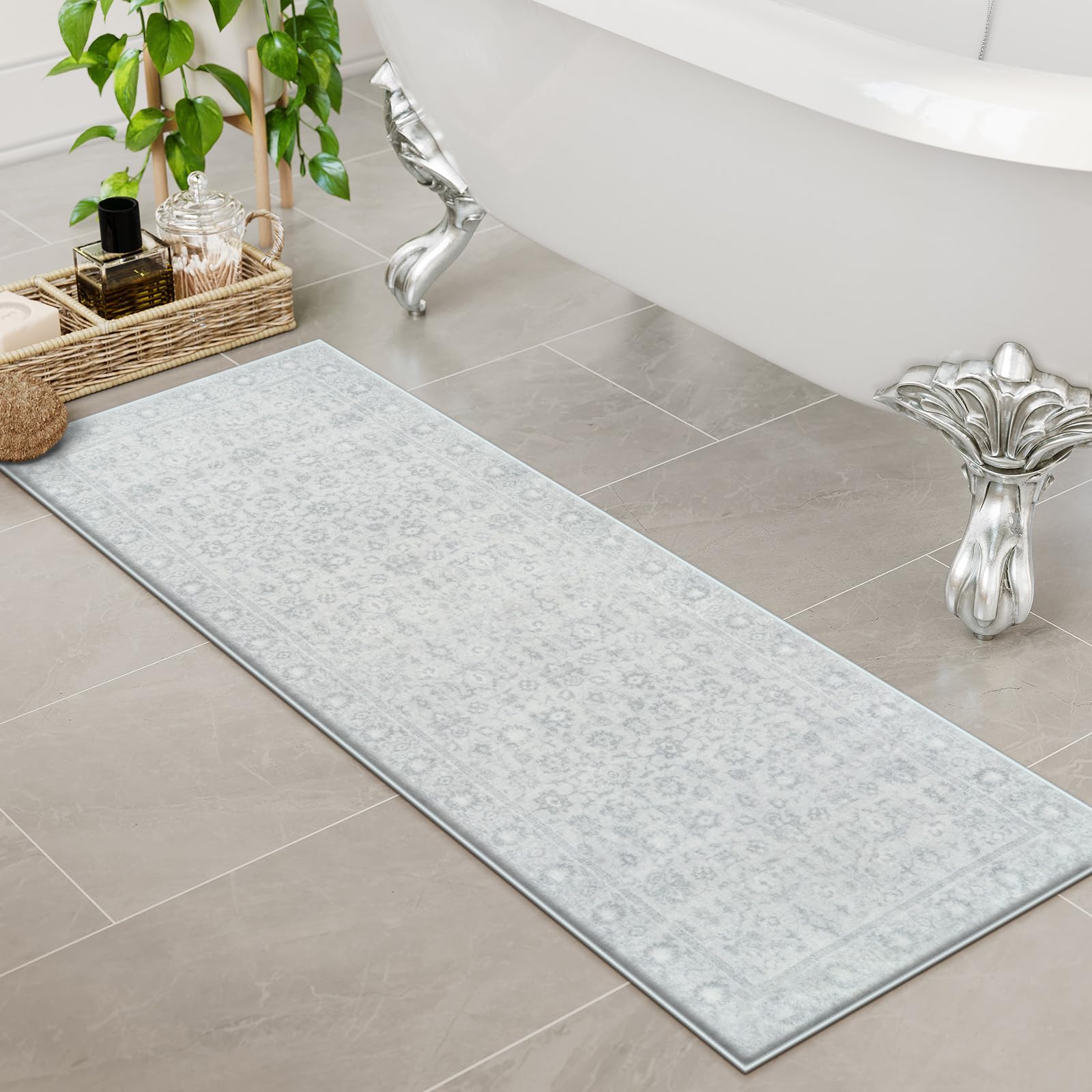 Lahomedecor Boho Bathroom Runner Rug Mat 18x47, Non-Slip Soft Shaggy and Comfortable Large Size Microfiber Vintage Farmhouse Bath Rug, Super Absorbent and Thick, Machine Washable, Long Bath Mat, Grey Lahomedecor Lahome 1'6" x 3'11" (Rectangular) Light Grey