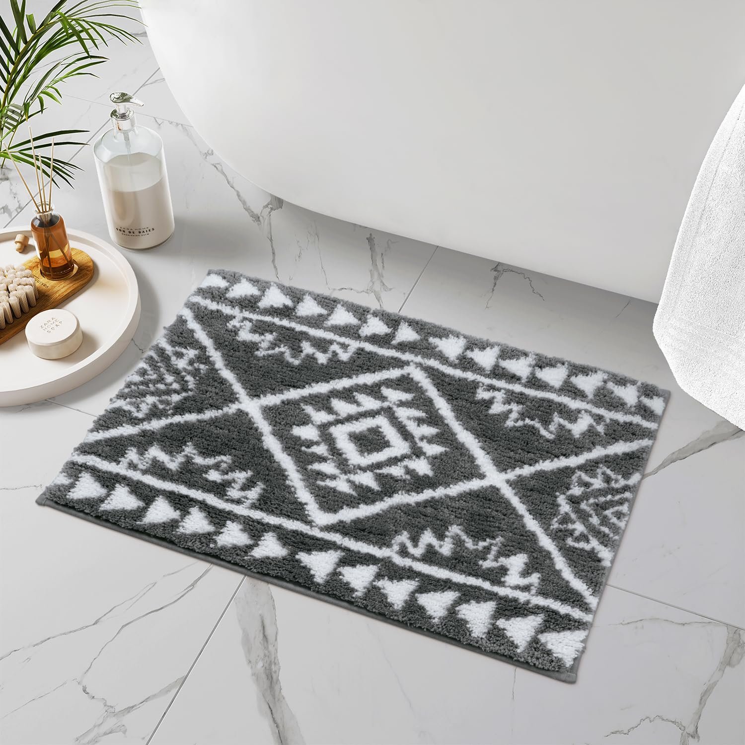 Lahomerugs Boho Bathroom Rugs Black Tribal Bath Mat Western Non-Slip Absorbent Bath Rug Bath mats Plush Soft Farmhouse Geometric Bathroom Floor Mat for Shower Toilet Tub, 18x26 inch Lahomerugs Lahome 18x26 inch Grey