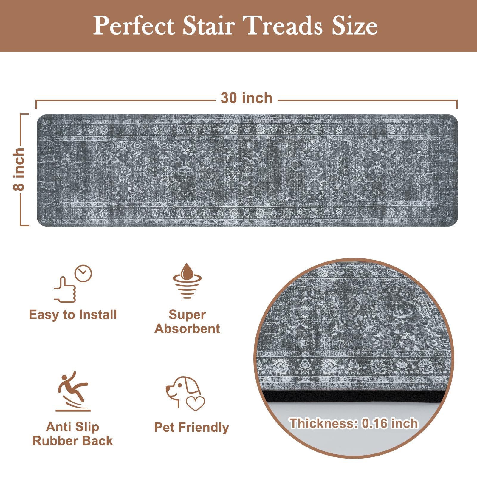 LahomeGlobal Vintage Stair Treads for Wooden Steps Indoor 15PCS 30"x8" Non-Slip Stair Runner Carpet Stair Treads Mats Staircase Step Treads for Kids, Elders and Dogs, Rubber Step Covers, Anti-slip floor mats for use on staircases LahomeGlobal Lahome