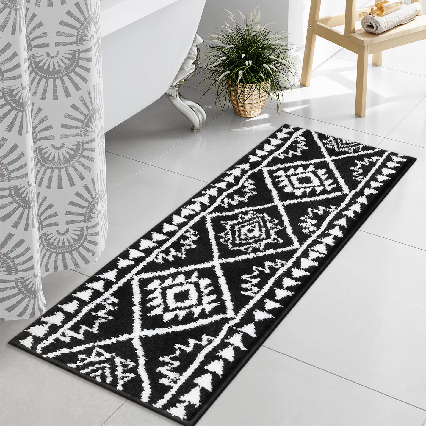 Lahomerugs Boho Bathroom Rugs Black Tribal Bath Mat Western Non-Slip Absorbent Bath Rug Bath mats Plush Soft Farmhouse Geometric Bathroom Floor Mat for Shower Toilet Tub, 18x26 inch Lahomerugs Lahome 18x47 inch Black