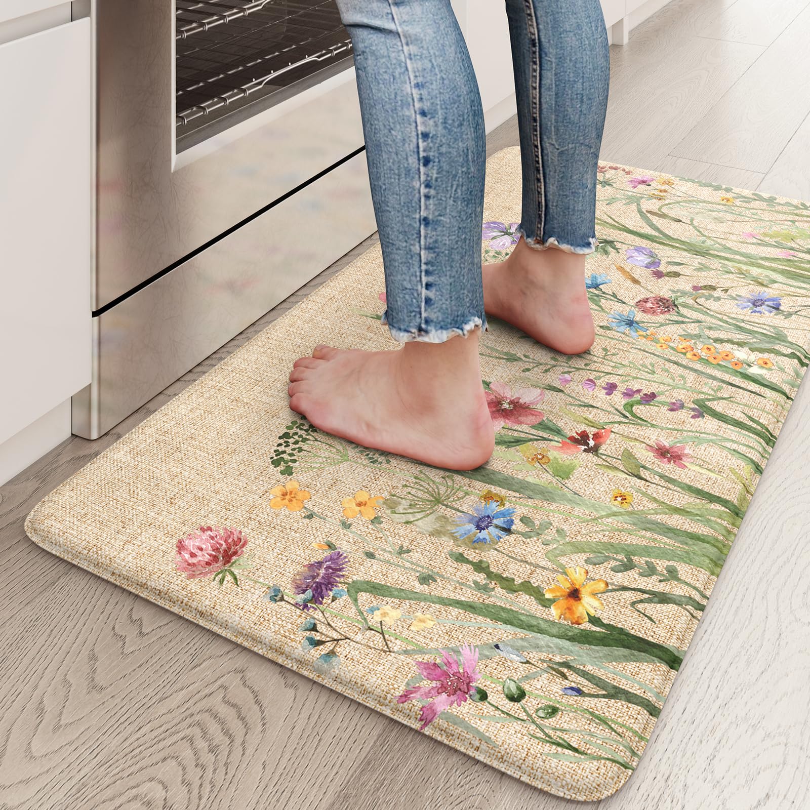 Lahomerug Anti Fatigue Mats for Kitchen Floor 17"x59"+17"x29", Farmhouse Floral Kitchen Rugs, Cushioned Memory Foam Kitchen Mats, Comfort Standing Mat for Laundry, Office, Sink, Desk Brown, Anti-fatigue floor mats Lahomerug Lahome 29"L x 17.3"W x 0.5"Th Floral/Brown