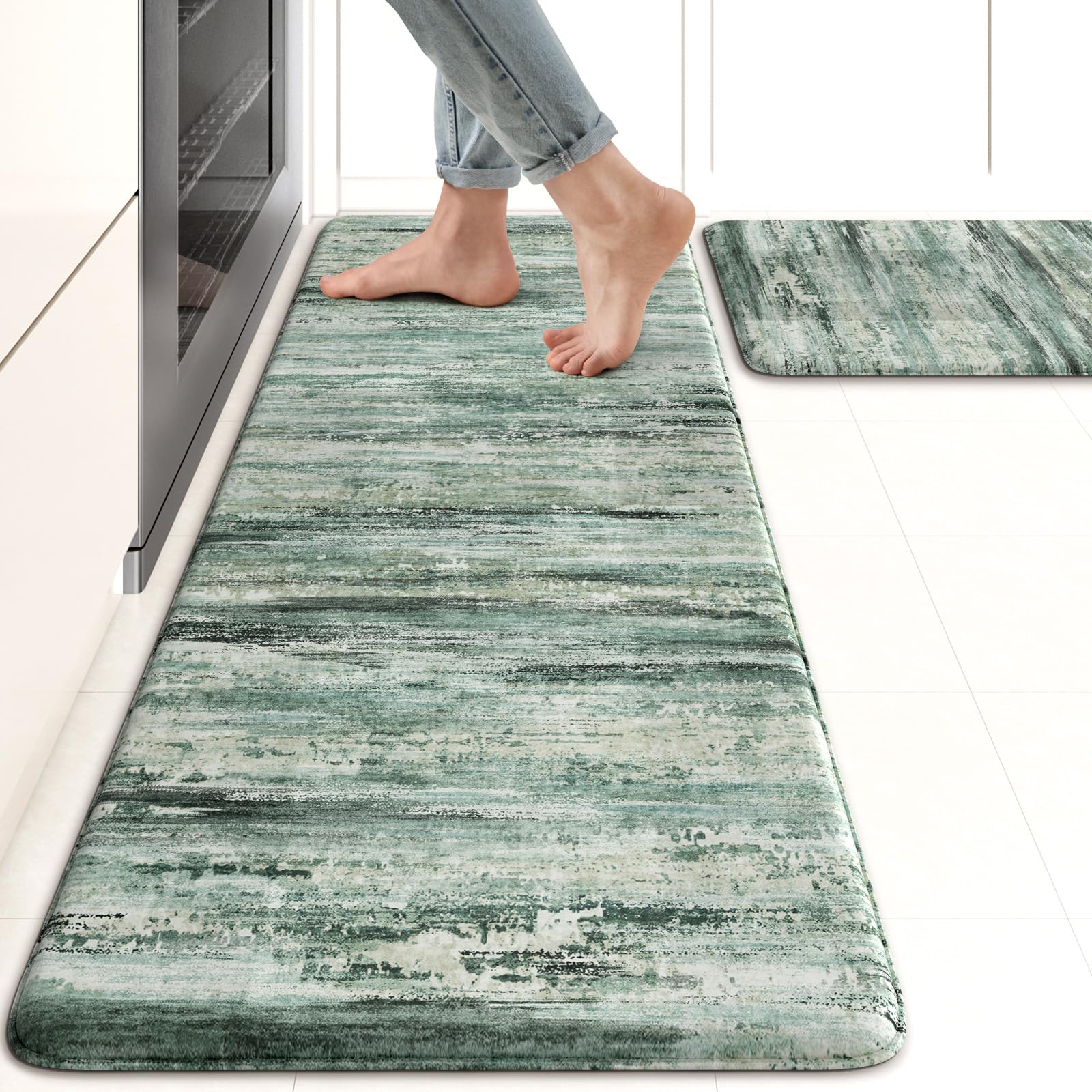 Lahomerugs Anti Fatigue Kitchen Mats 17"x47"+17"x29", Abstract Kitchen Rugs Sets of 2, Non Slip Kitchen Mats for Floor, Anti-fatigue floor mats, Cushioned Comfort Standing Mats for Sink, Laundry, Office, Desk Multi-Blue Lahomerugs Lahome 17.3" x 47"+17.3" x 29"--0.47 inches Green/Multi