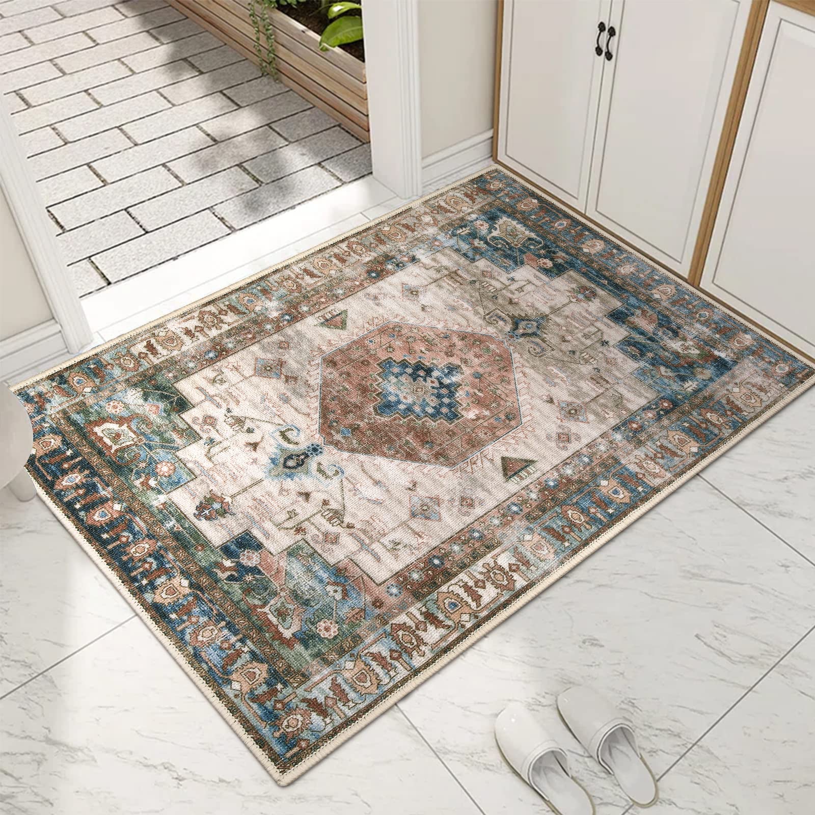 Lahomedecor Washable Indoor Doormat, Non Slip Retro Floor Mat 20" x 32" Area Rug Quick Absorbent Entrance Rug Distressed Front Door Mat, Welcome Mats Entryway Rug Doormats for Kitchen Home Patio Lahomedecor Lahome 32" x 48" 1ivory/Blue Rust