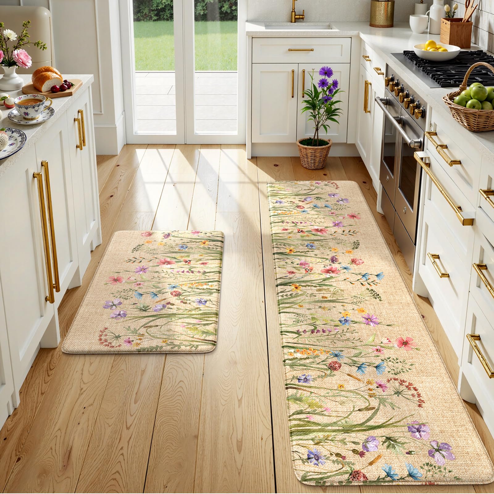 Lahomerug Anti Fatigue Mats for Kitchen Floor 17"x59"+17"x29", Farmhouse Floral Kitchen Rugs, Cushioned Memory Foam Kitchen Mats, Comfort Standing Mat for Laundry, Office, Sink, Desk Brown, Anti-fatigue floor mats Lahomerug Lahome 20" x 71"+20" x 32"--0.47 inches Floral/Brown