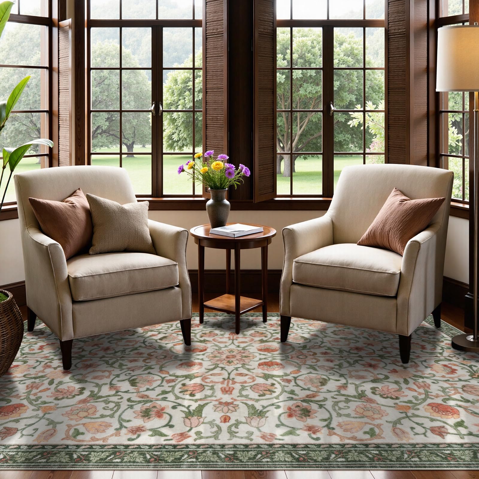 Lahomerug Floral Print Area Rug 5x7, Washable Dark Green Rugs for Living Room, Non Slip Soft Large Rugs for Bedroom, Stain Resistant Dining Room Mat Indoor Floor Carpet for Dorm Lahomerug Lahome