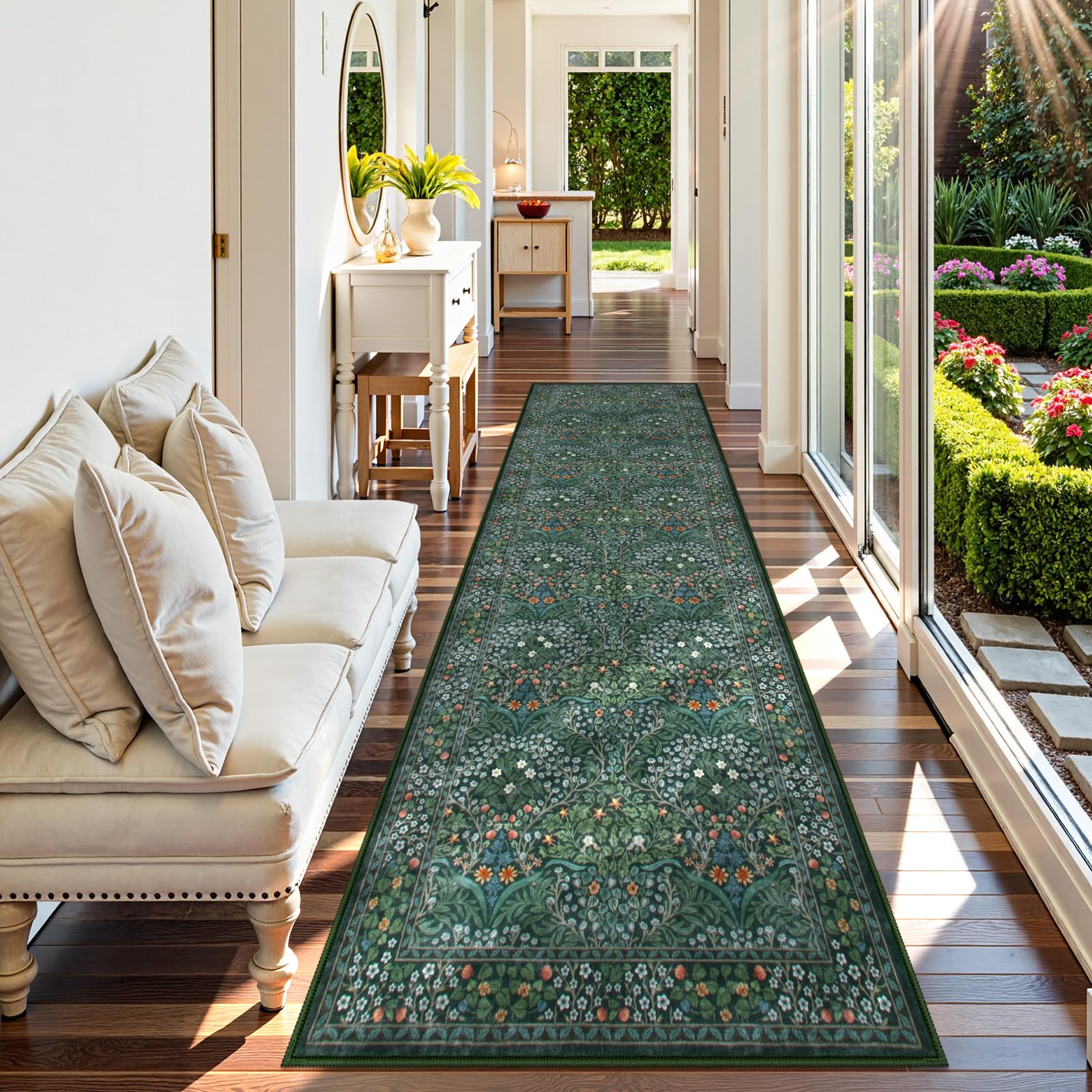 Lahomedecor Floral Area Rugs 5x7, Soft Washable Rugs for Living Room Bedroom, Boho Non Slip Low Pile Forest Design Large Throw Carpet for Farmhouse Dining Room Office, Black, Area rugs Lahomedecor Lahome 2.5'x10' Dark Green