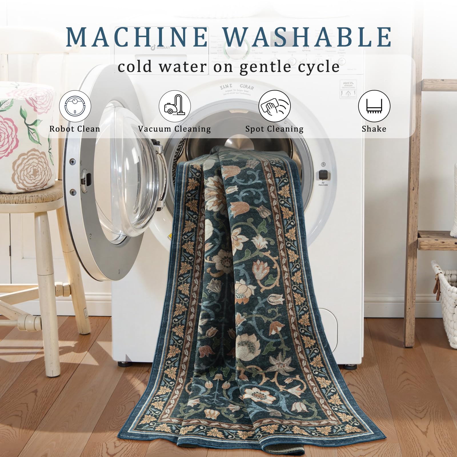 Lahomerug Floral Print Area Rug 5x7, Washable Dark Green Rugs for Living Room, Non Slip Soft Large Rugs for Bedroom, Stain Resistant Dining Room Mat Indoor Floor Carpet for Dorm Lahomerug Lahome