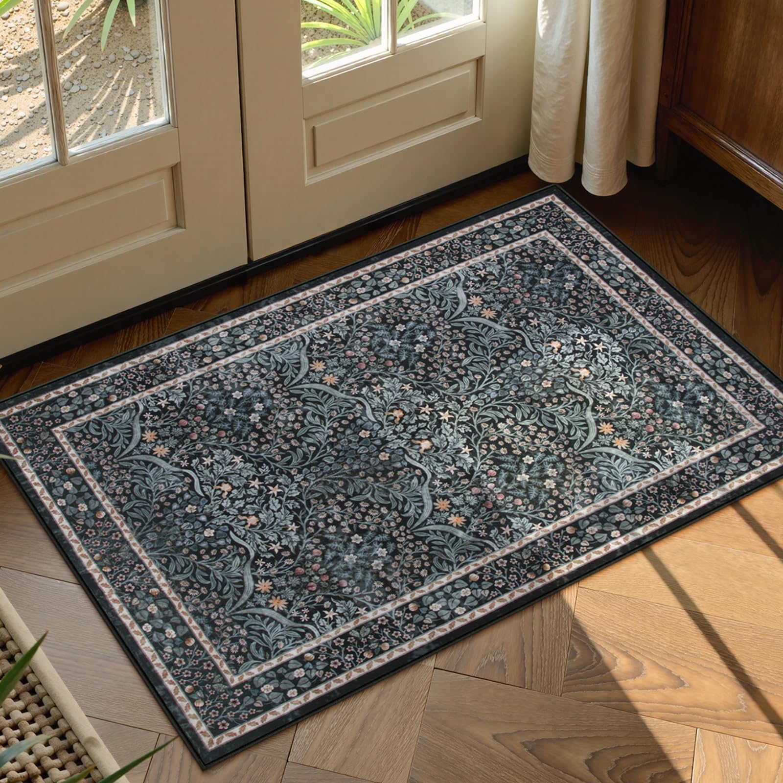 Lahomedecor Floral Area Rugs 5x7, Soft Washable Rugs for Living Room Bedroom, Boho Non Slip Low Pile Forest Design Large Throw Carpet for Farmhouse Dining Room Office, Black, Area rugs Lahomedecor Lahome 2'x3' Black